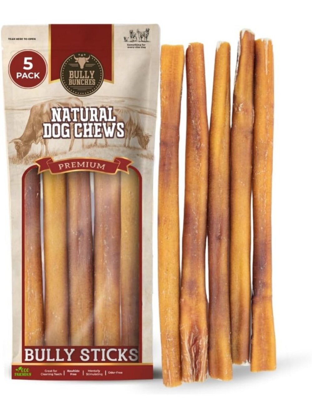 Premium Odor-Free Bully Sticks 12" - 5 Pack for Small & Medium Dogs
